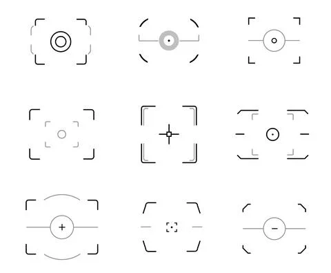 Camera focus icons, autofocus video, photo frames Stock Illustration