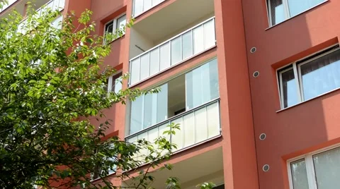 Camera focus one balcony on the prefab house - detail Stock Footage 55395131