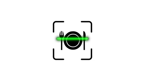 Camera focus on plate with fork and knife, scanning food and cutlery, augme.. Stock Footage 346498391