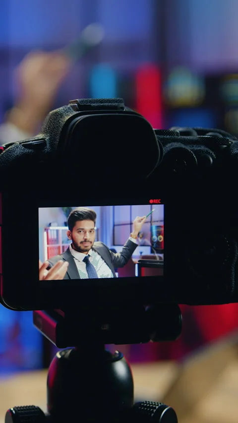 Camera focus shooting of handsome successful motivated high-skilled 30-aged bear Stock Footage 329561514