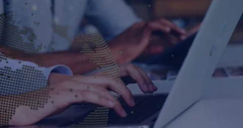 Camera focusing, pair hands typing on laptops, revealing code and map overlay, Stock Footage 329471445