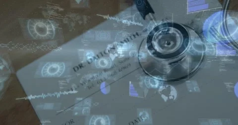 Camera focusing, stethoscope diaphragm moving onto Rx document on wood table, Stock Footage 333833582
