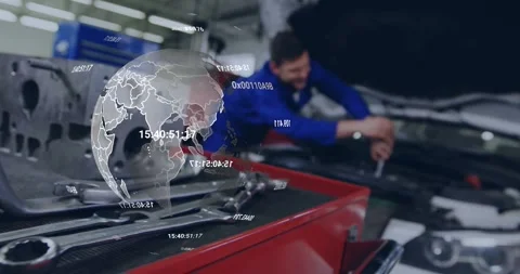 Camera focusing toolcart causing rotating orb overlay as tech torquing engine Video stock 331833402