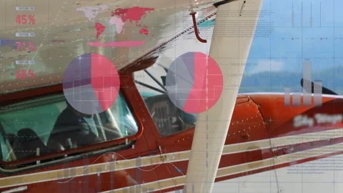 Camera focusing on wing starting aviation overlays with gauges and charts, pilot Video stock 310429060