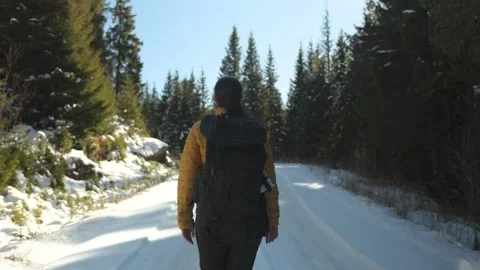 Camera follows active young brunette woman hiker in yellow jacket Stock Footage 292539253