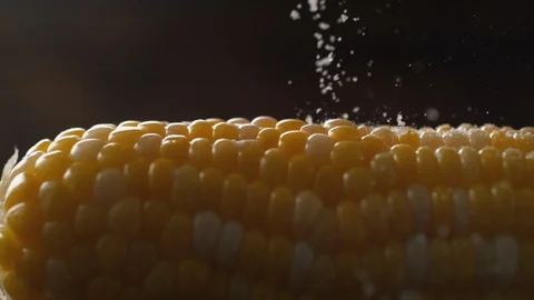 Camera follows adding salt on cooked corn. Slow Motion. Stock Footage 89615454