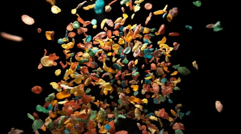 Camera follows cereal flying after exploded. Slow Motion. Video stock 55538519
