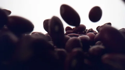 Camera follows dried beans falling on surface. Slow Motion. Stock Footage 128769031