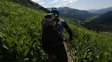 Camera follows mountain biker down hill Stock-Footage 50958241