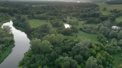 The camera follows trees, river, and lakes. 스톡 동영상 111242626