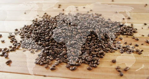 Camera framing coffee beans on plank, map overlay fading in across world Stock Footage 316191725