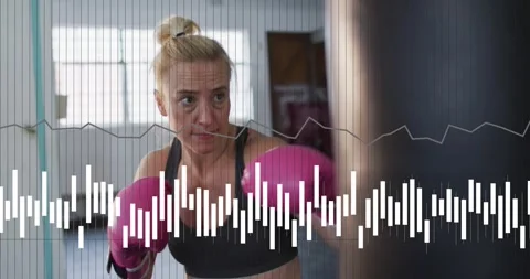 Camera framing ECG wave sparking training boxer hitting bag throwing jabs Stock Footage 323408319