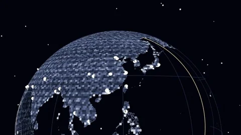 Camera framing rotating pixel globe tilting in starfield, revealing pulsing Video stock 341865051