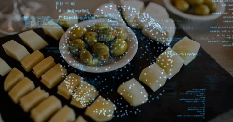 Camera framing starting, point cloud rotating over bowl and cheese with Stock Footage 320916407