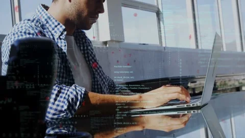 Camera framing view, man working on code typing laptop, hands reflecting, tech Stock-Footage 335282062