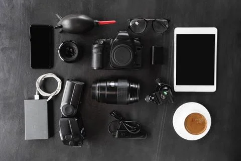 Camera gear device set on dark background Stock Photos