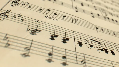 Camera glide and sway over old yellowed music score - close up Video stock 124614662