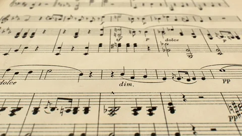 Camera glide with constant speed over old yellowed music score Видео 124641144