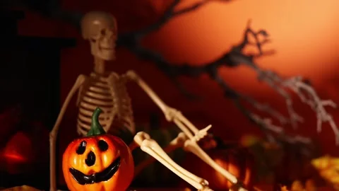 Camera Glide Past Lantern, Pumpkin and Skeleton Halloween Decor Stock Footage 342377925
