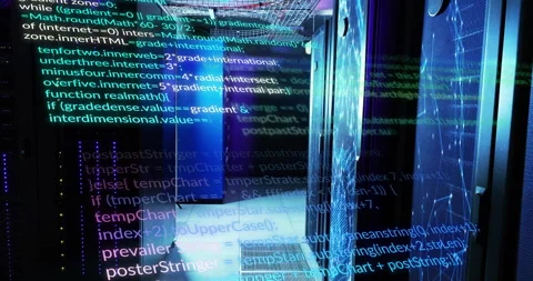Camera gliding along servers, showing code scrolling and pulsing LEDs depicting Stock Footage 309721975