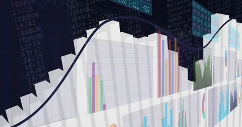 Camera gliding along white 3D chart in finance panel, revealing charts and Stock Footage 331635333