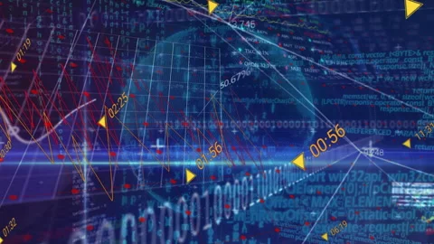 Camera gliding causing binary streams and graphs linking to rotating globe Stock Footage 315535593