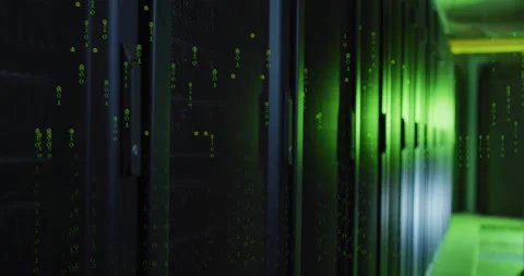 Camera gliding down datacenter aisle, sparking green code fall and showing rack Stock Footage 334182319