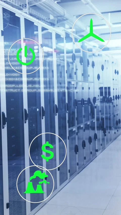 Camera gliding forward, HUD icon appearing over server racks, icons pulsing Stock Footage 332823212