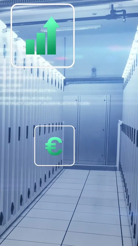 Camera gliding forward revealing data center aisle, bar-chart overlay animating, Stock Footage 332806300