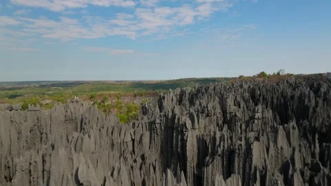Camera gliding over the jagged peaks of Tsingy de Bemaraha National Park, a Stock Footage 308402970