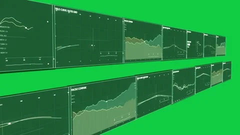 Camera gliding revealing parallel data panels, showing financial insights on Stock-Footage 337506382