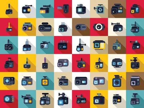 Camera go pro icons set flat vector. Action camera Stock Illustration