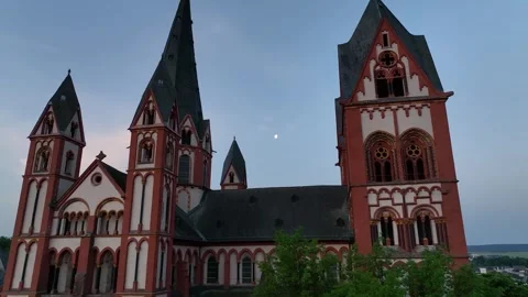 The camera goes up around the tower of Historic attraction Limburg Cathedral Stock Footage 252852651