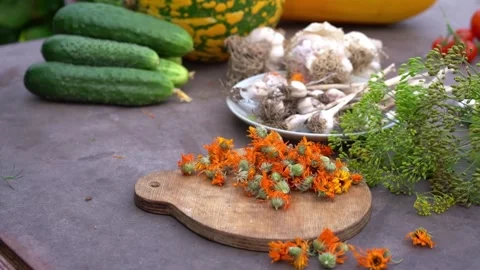 The camera goes on the table with fresh vegetables. Stock Footage 142382978