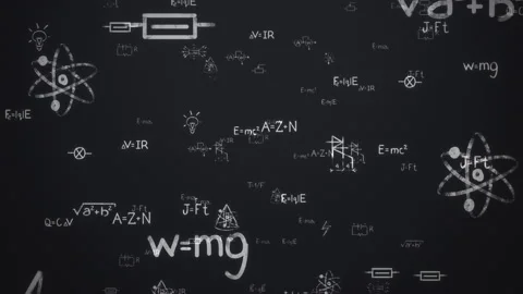 Camera goes through hand written Math, physics formulas and equations Stock Footage 130818514