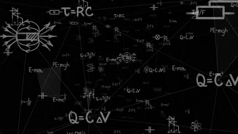 Camera goes through hand written Math, physics formulas and equations Stock Footage 130818671