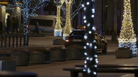 Camera goes up a tree decorated with small lights. 스톡 동영상 108530872