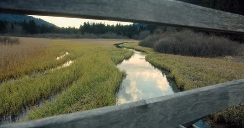 Camera going through a bridge revealing a beautiful creek in the sunset Video stock 129407803