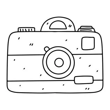 Camera in hand drawn doodle style. Shooting equipment. Digital technology. Ve Stock Illustration