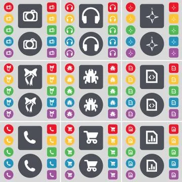 Camera, Headphones, Compass, Bow, Bug, File, Receiver, Shopping cart, Graph file Stock-Illustration