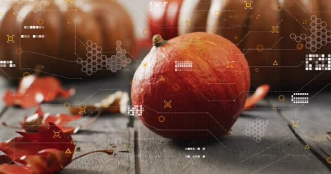 Camera holding pumpkin as hex grids, scan markers pulsing and converging for Stock Footage 317773183