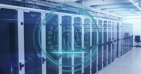 Camera holding server racks as cyber security label fading and rings forming Stock Footage 312638274