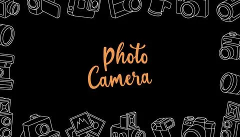 Camera horizontal banner. Photo studio set. Lens with shutters, video and action 스톡 일러스트