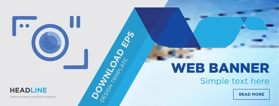 Camera horizontal webpage banner template design with flat icon and blue shap Free Stock Illustration