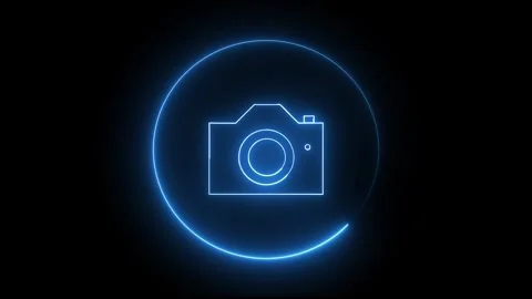 Camera icon animation with blue neon. Camera icon digital photography symbo.. Stock Footage 337813955