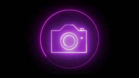 Camera icon animation inside neon circle. Camera icon purple digital photog.. Stock Footage 337618531