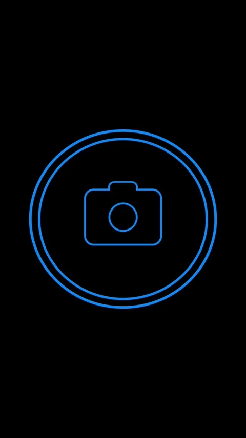 Camera icon appearing as blue line art drawing on black background, animati.. Vídeos de archivo 338210450