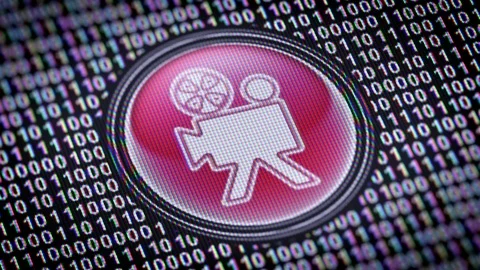 Camera icon. Binary code ( array of bits ) in the screen. Looping footage Stock Footage 110764941