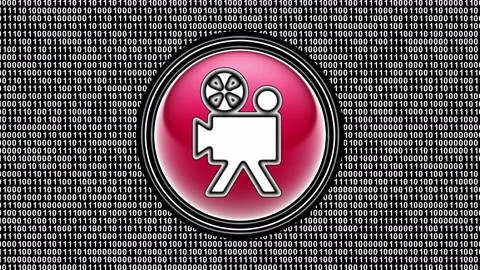 Camera icon. Binary code ( array of bits ) in the screen. Looping footage. Stock Footage 123818972