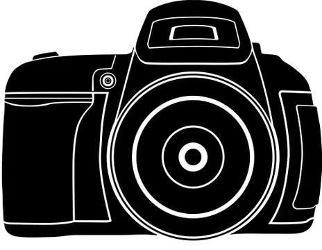 Camera icon in black on a white background with a substrate. Stock Illustration